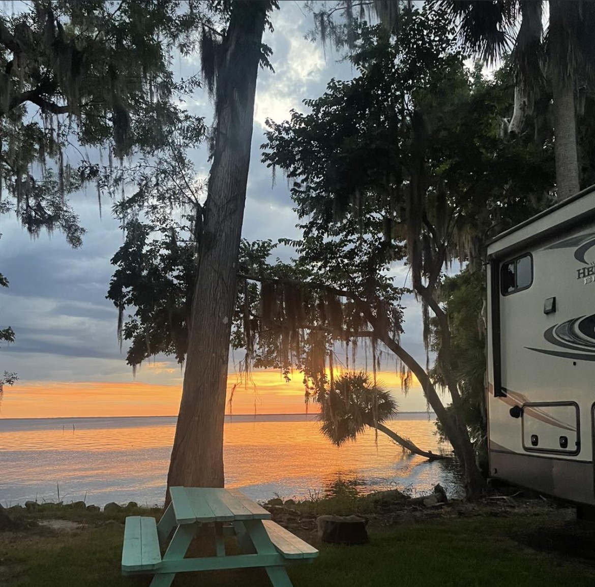 RV site under live oaks at sunset